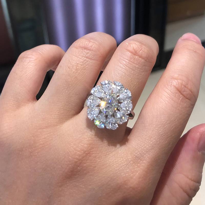 豪华蛋形Women's RingS925银镀白金定制选款主石Moissanite1.5ct/副石高碳钻
